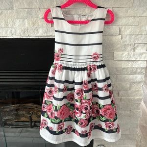 White and navy striped sleeveless dress with pink flowers by Sunny Fashion, 4T